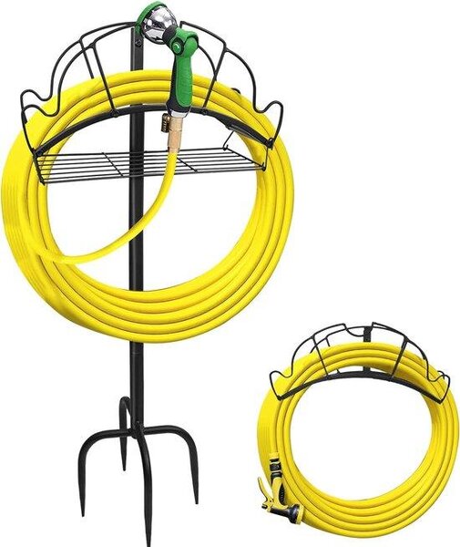 Robusto supporto per tubo da giardino con contenitore e rubinetto autobloccante, ideale per terrazze e prati