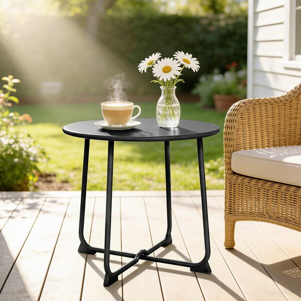 Outsunny Tavolino da Caffè da Esterno Rotondo 50 cm, Tavolo in Metallo con Base a X e Piedini Antiscivolo, Nero | Aosom Italy
