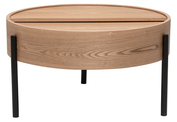 Tavolino basso rotondo in legno chiaro di frassino e metallo nero con piano girevole e vano portaoggetti D80 cm YOLINE