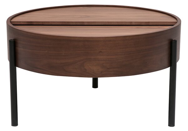 Tavolino basso rotondo in legno scuro di noce e metallo nero con piano girevole e contenitore D80 cm YOLINE