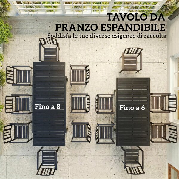 Outsunny Tavolo da giardino allungabile per 6-8 persone, alluminio con piano a doghe, nero | Aosom Italy