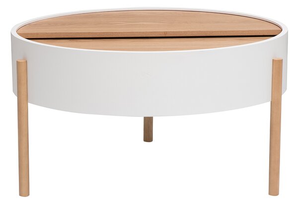 Tavolino basso rotondo bianco e legno chiaro frassino con piano rotante e ripostiglio D80 cm YOLINE