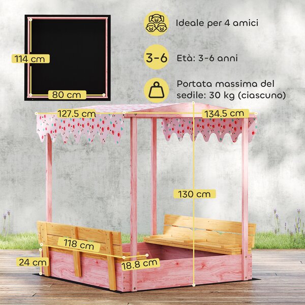 AIYAPLAY Sabbiera per Bambini 3-6 Anni con Tettuccio Fenicotteri, Sedute Pieghevoli, Coperchio e Fodera Inclusa, Sabbionaia per Bambini in Legno di Abete, 134.5x127.5x130 cm, Rosa | Aosom Italy