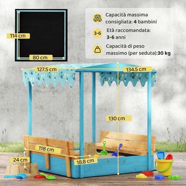 AIYAPLAY Sabbiera per Bambini 3-6 Anni con Tettuccio Dinosauri, Sedute Pieghevoli, Coperchio e Fodera Inclusa, Sabbionaia per Bambini in Legno di Abete, 134.5x127.5x130 cm, Blu | Aosom Italy