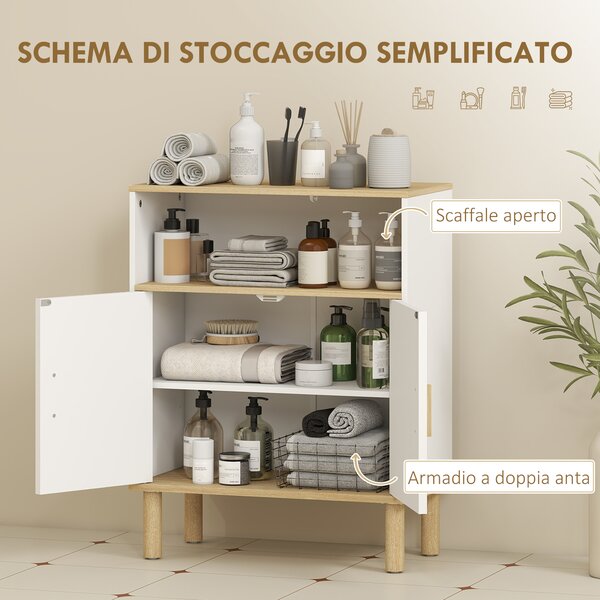 HOMCOM Mobile Bagno Autoportante con Ripiano Regolabile, Bianco e Legno Naturale | Aosom Italy