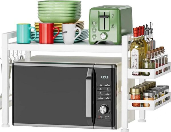Azomor: scaffale da cucina estraibile con ripiano per le spezie e ganci per uno spazio di stoccaggio aggiuntivo