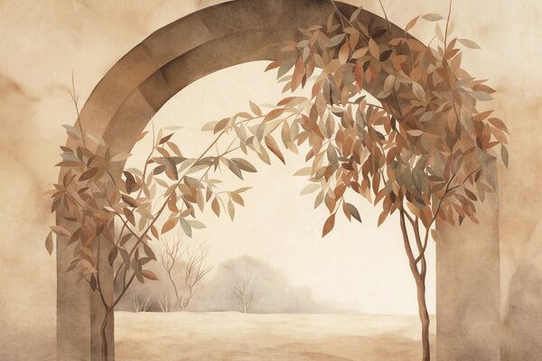 Carta da parati Un arco con un paesaggio, alberi e fogliame dai tenui colori, Carta da parati Natura, Carta da parati Foglie, w09907 : Uwalls.it