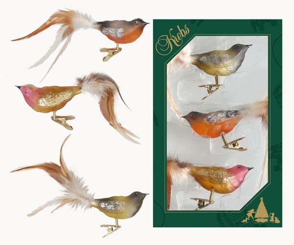 Set di 3 addobbi natalizi in vetro soffiato dipinti a mano con coda di piume Birds