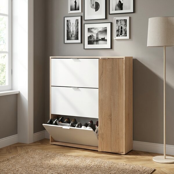 FORES HABITAT Scarpiera Salvaspazio Slim 30 Paia 1 Anta Battente 3 Ante a Ribalta Dimensioni 106x22x115 cm colore Rovere Canadian/Bianco - Class
