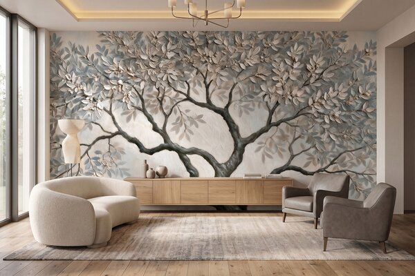 Carta da parati Albero in stile pittura a olio, dai tranquilli toni naturali del grigio-beige, Carta da parati Natura, w09919 : Uwalls.it