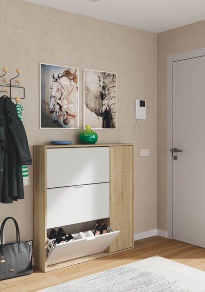 FORES HABITAT Scarpiera Salvaspazio Slim 30 Paia 1 Anta Battente 3 Ante a Ribalta Dimensioni 106x22x115 cm colore Rovere Canadian/Bianco - Class