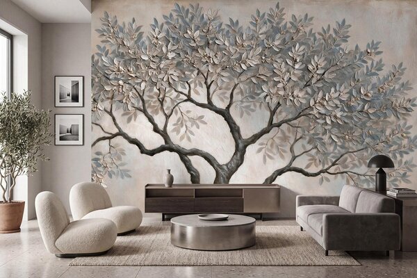 Carta da parati Albero in stile pittura a olio, dai tranquilli toni naturali del grigio-beige, Carta da parati Natura, w09919 : Uwalls.it