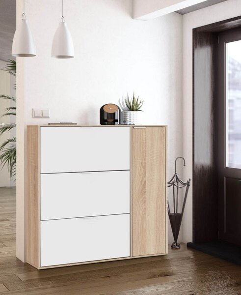 FORES HABITAT Scarpiera Salvaspazio Slim 30 Paia 1 Anta Battente 3 Ante a Ribalta Dimensioni 106x22x115 cm colore Rovere Canadian/Bianco - Class