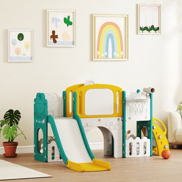 AIYAPLAY Set Scivolo per Bambini 7 in 1 con Arrampicata, Basket, Telescopio, Lavagna e Contenitore, Tema Rana, Giallo | Aosom Italy