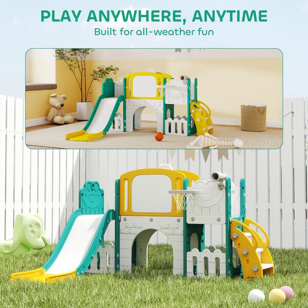 AIYAPLAY Set Scivolo per Bambini 7 in 1 con Arrampicata, Basket, Telescopio, Lavagna e Contenitore, Tema Rana, Giallo | Aosom Italy
