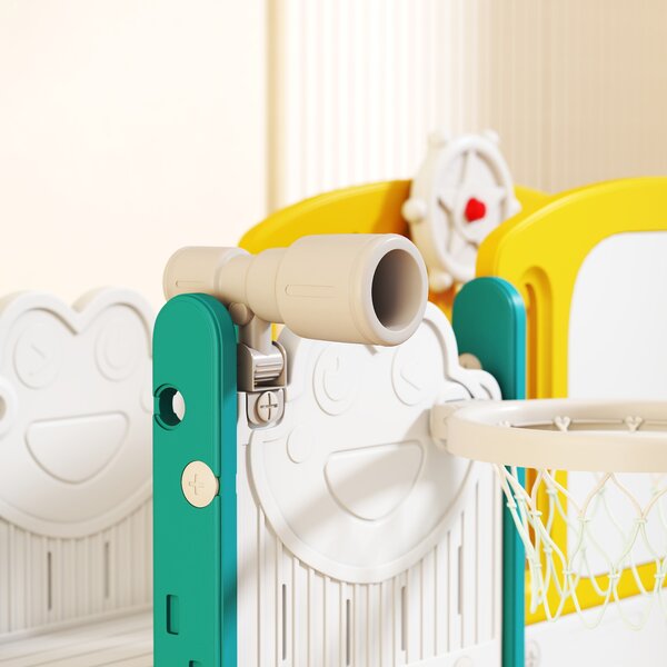 AIYAPLAY Set Scivolo per Bambini 7 in 1 con Arrampicata, Basket, Telescopio, Lavagna e Contenitore, Tema Rana, Giallo | Aosom Italy