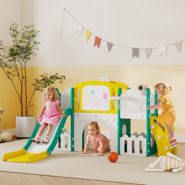 AIYAPLAY Set Scivolo per Bambini 7 in 1 con Arrampicata, Basket, Telescopio, Lavagna e Contenitore, Tema Rana, Giallo | Aosom Italy