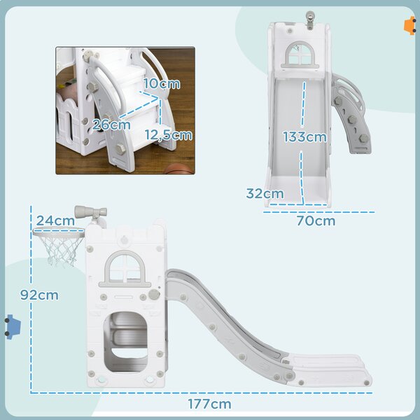 AIYAPLAY Set Scivolo per Bambini 5 in 1 con Arrampicata, Basket, Pallone, Telescopio e Contenitore Età 1-3 Anni, Grigio | Aosom Italy
