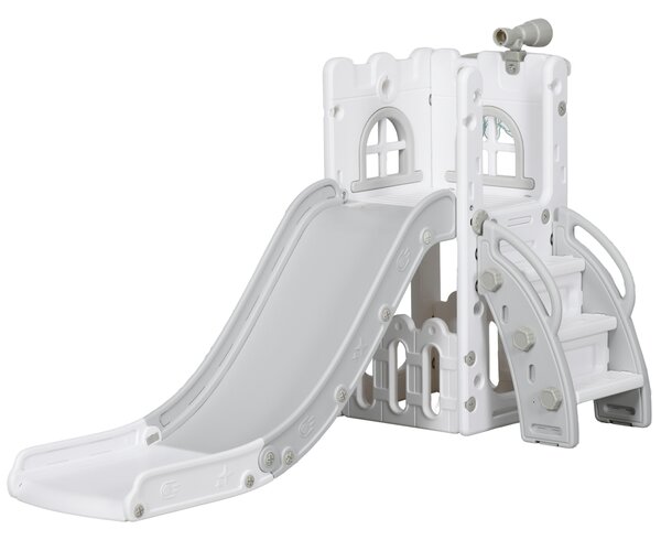 AIYAPLAY Set Scivolo per Bambini 5 in 1 con Arrampicata, Basket, Pallone, Telescopio e Contenitore Età 1-3 Anni, Grigio | Aosom Italy