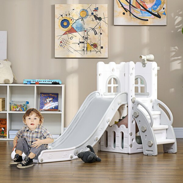 AIYAPLAY Set Scivolo per Bambini 5 in 1 con Arrampicata, Basket, Pallone, Telescopio e Contenitore Età 1-3 Anni, Grigio | Aosom Italy