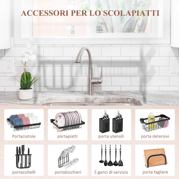 DecHome Scolapiatti da Lavello Modulabile a 2 Livelli con Piedini Antiscivolo, in Acciaio, 65x31.5x52.5 cm colore Nero - R477BK