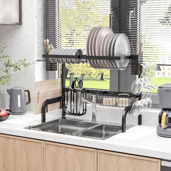 DecHome Scolapiatti da Lavello Modulabile a 2 Livelli con Piedini Antiscivolo, in Acciaio, 65x31.5x52.5 cm colore Nero - R477BK