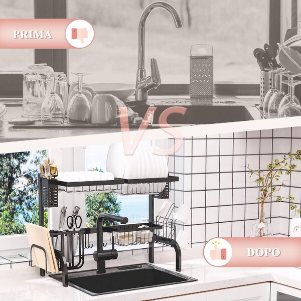 DecHome Scolapiatti da Lavello Modulabile a 2 Livelli con Piedini Antiscivolo, in Acciaio, 65x31.5x52.5 cm colore Nero - R477BK