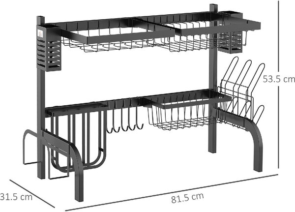 DecHome Scolapiatti da Lavello Modulabile a 2 Livelli con Piedini Antiscivolo, in Acciaio, 65x31.5x52.5 cm colore Nero - R477BK