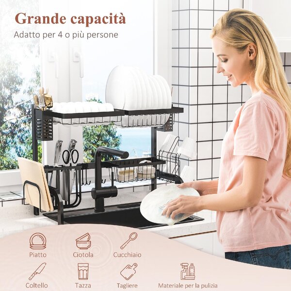DecHome Scolapiatti da Lavello Modulabile a 2 Livelli con Piedini Antiscivolo, in Acciaio, 65x31.5x52.5 cm colore Nero - R477BK