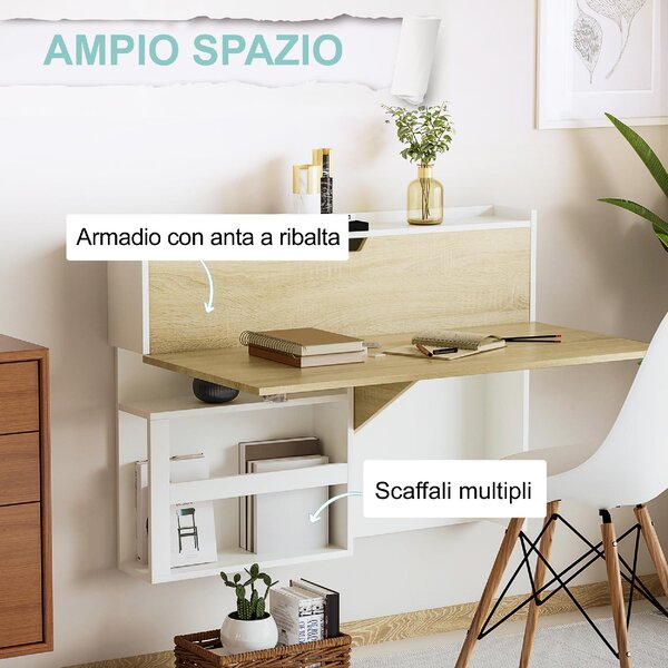 DecHome Scrittoio a Muro Pieghevole con Ribalta Moderno Dimensioni 100x18x74 cm colore Bianco/Legno