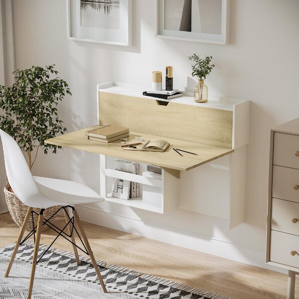 DecHome Scrittoio a Muro Pieghevole con Ribalta Moderno Dimensioni 100x18x74 cm colore Bianco/Legno