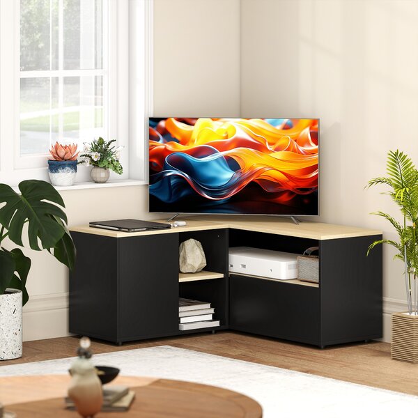 HOMCOM Mobile TV angolare con 2 armadietti e 3 nicchie, 90x90x45 cm, Rovere e Nero | Aosom Italy
