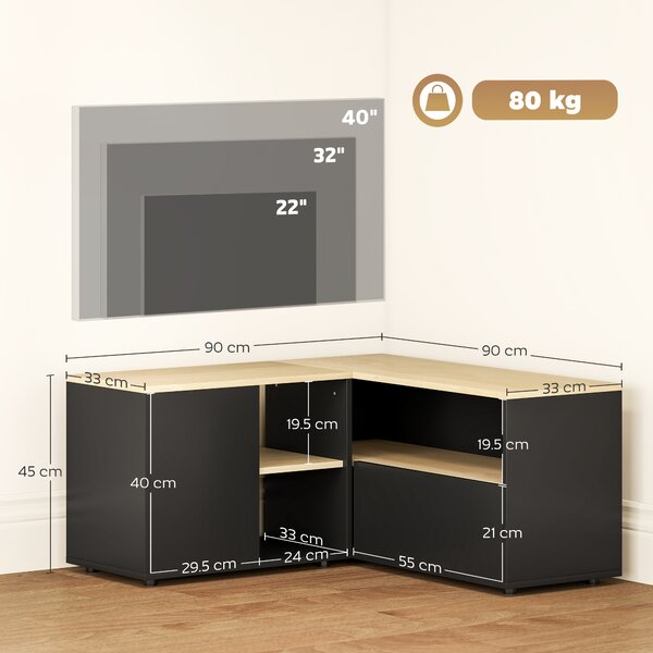HOMCOM Mobile TV angolare con 2 armadietti e 3 nicchie, 90x90x45 cm, Rovere e Nero | Aosom Italy