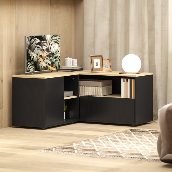 HOMCOM Mobile TV angolare con 2 armadietti e 3 nicchie, 90x90x45 cm, Rovere e Nero | Aosom Italy