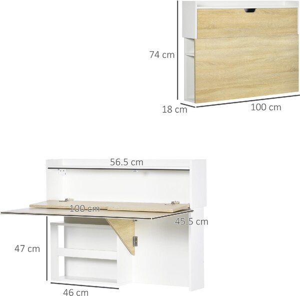 DecHome Scrittoio a Muro Pieghevole con Ribalta Moderno Dimensioni 100x18x74 cm colore Bianco/Legno