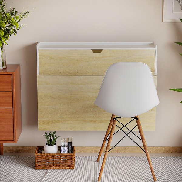 DecHome Scrittoio a Muro Pieghevole con Ribalta Moderno Dimensioni 100x18x74 cm colore Bianco/Legno