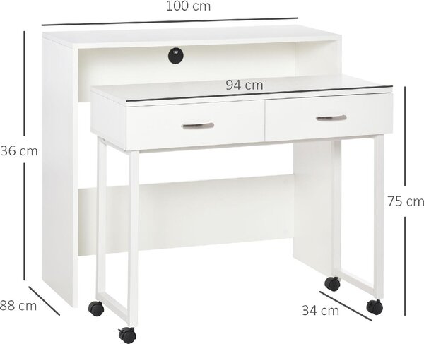 DecHome Scrittoio estraibile con Ruote Moderno Dimensioni 100x36x88 cm colore Bianco