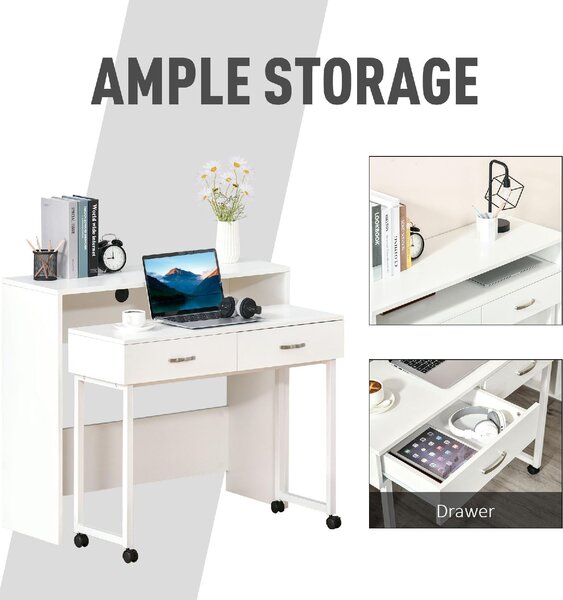 DecHome Scrittoio estraibile con Ruote Moderno Dimensioni 100x36x88 cm colore Bianco