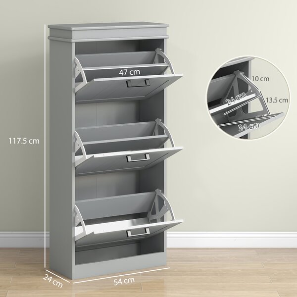 HOMCOM Scarpiera 3 ante ribaltabili per 15 paia di scarpe con ripiani, 54x24x117,5 cm, Grigio | Aosom Italy