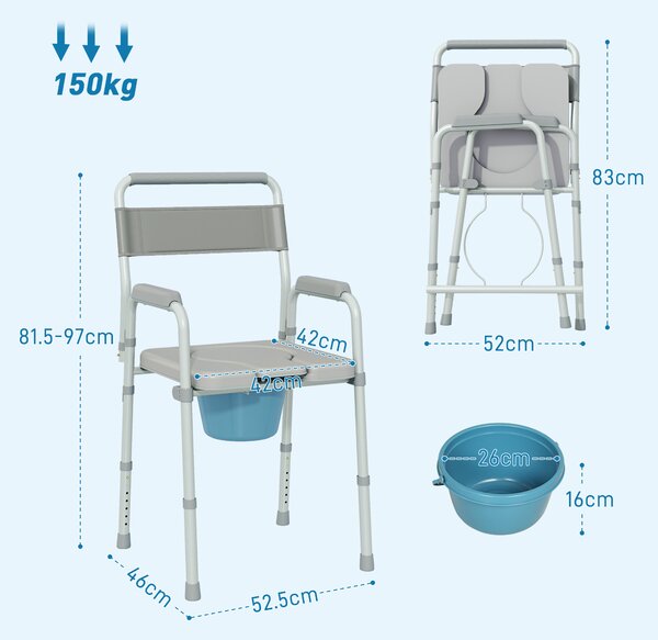 HOMCOM Sedia WC pieghevole antiscivolo con altezza regolabile, portata 150 kg, Grigio | Aosom Italy