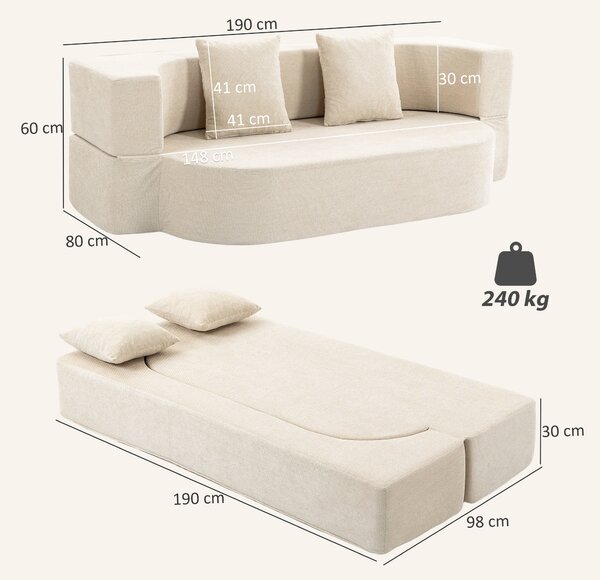 HOMCOM Divano letto 2 posti in chenille con schienale ribaltabile, 190 cm, Beige | Aosom Italy