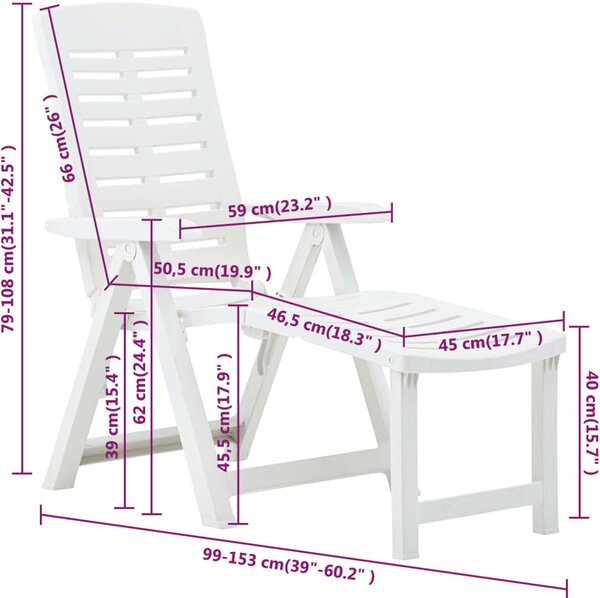 IPAE PROGARDEN Sdraio da Giardino Pieghevole con Poggiagambe Schienale Reclinabile in Polipropilene Dimensioni 109x60x108 cm colore Bianco