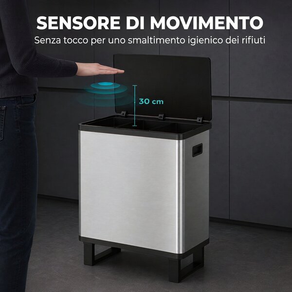 HOMCOM Pattumiera Automatica con Sensore 54L, 3 Scomparti, Secchi Interni Rimovibili, Acciaio Inox, Argento | Aosom Italy
