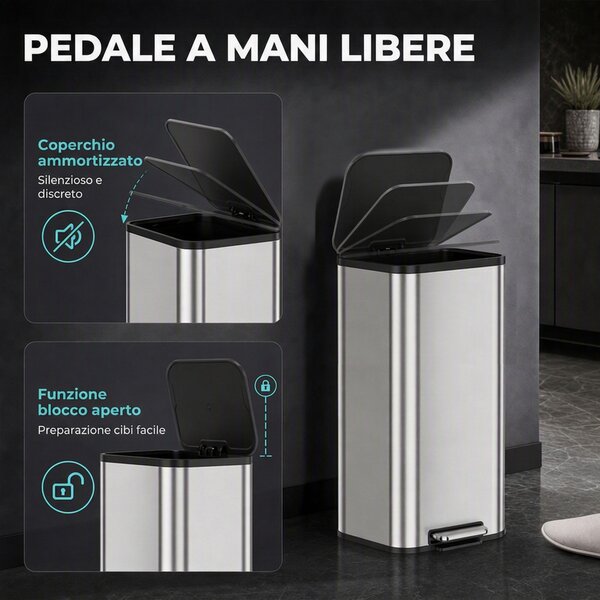 HOMCOM Pattumiera da Cucina Rettangolare 30L in Acciaio Inox, Chiusura Ammortizzata, Secchio Interno Rimovibile, Argento | Aosom Italy
