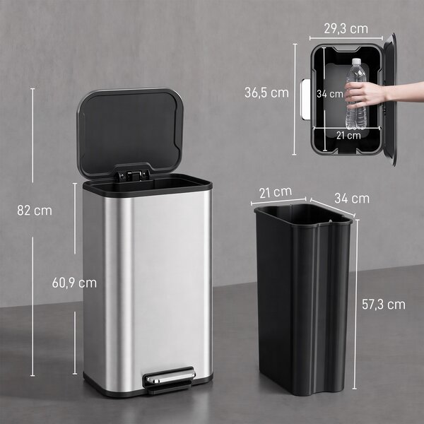 HOMCOM Pattumiera da Cucina Rettangolare 30L in Acciaio Inox, Chiusura Ammortizzata, Secchio Interno Rimovibile, Argento | Aosom Italy