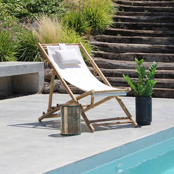 VivaGarden Sdraio da Giardino Pieghevole Cuscino Poggiatesta Schienale Reclinabile in Bamboo/Tessuto Dimensioni 117x60x68 cm colore Bianco