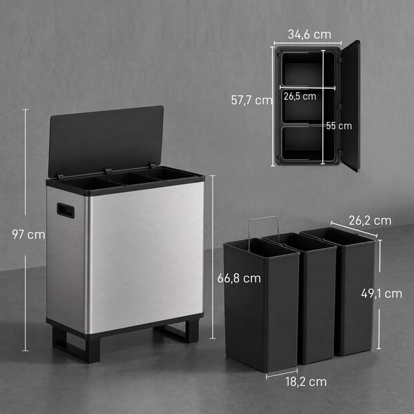 HOMCOM Pattumiera Automatica con Sensore 54L, 3 Scomparti, Secchi Interni Rimovibili, Acciaio Inox, Argento | Aosom Italy
