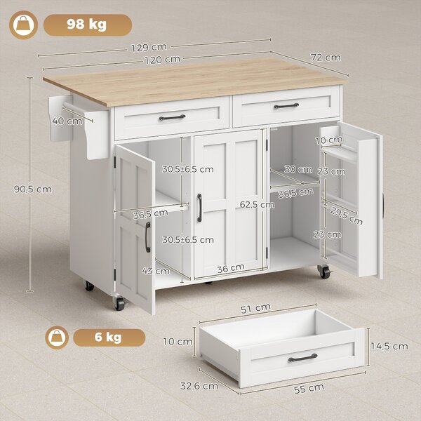 HOMCOM Isola cucina con piano ribaltabile, 2 cassetti e 3 porte, Bianco | Aosom Italy