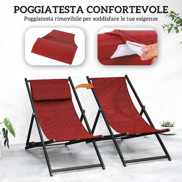 VivaGarden Sdraio da Giardino Pieghevole Cuscino Poggiatesta Schienale Reclinabile Set 2 Sdraio in Alluminio/Textilene Dimensioni 96,35x58x91,5 cm 