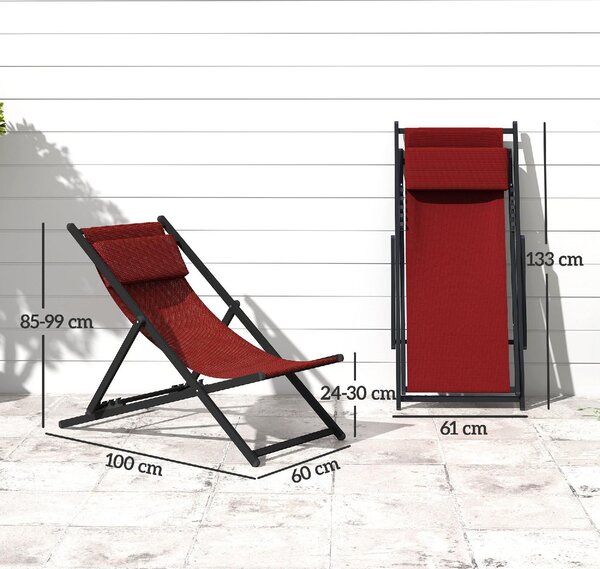 VivaGarden Sdraio da Giardino Pieghevole Cuscino Poggiatesta Schienale Reclinabile Set 2 Sdraio in Alluminio/Textilene Dimensioni 96,35x58x91,5 cm 
